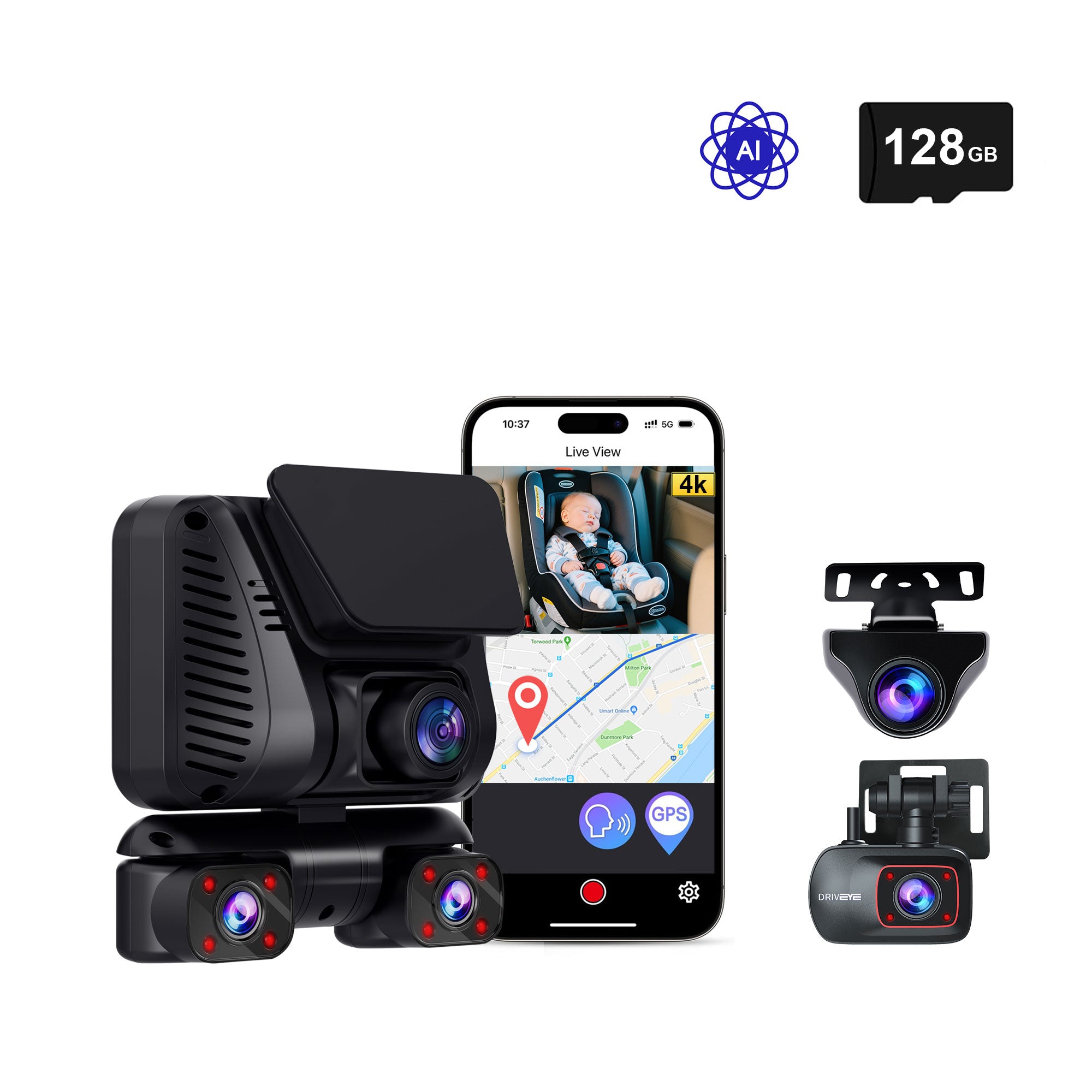 DRIVEYE D9 PRO 5-Channel Dash Cam with Baby Car Seat Monitor and Upgraded ADAS