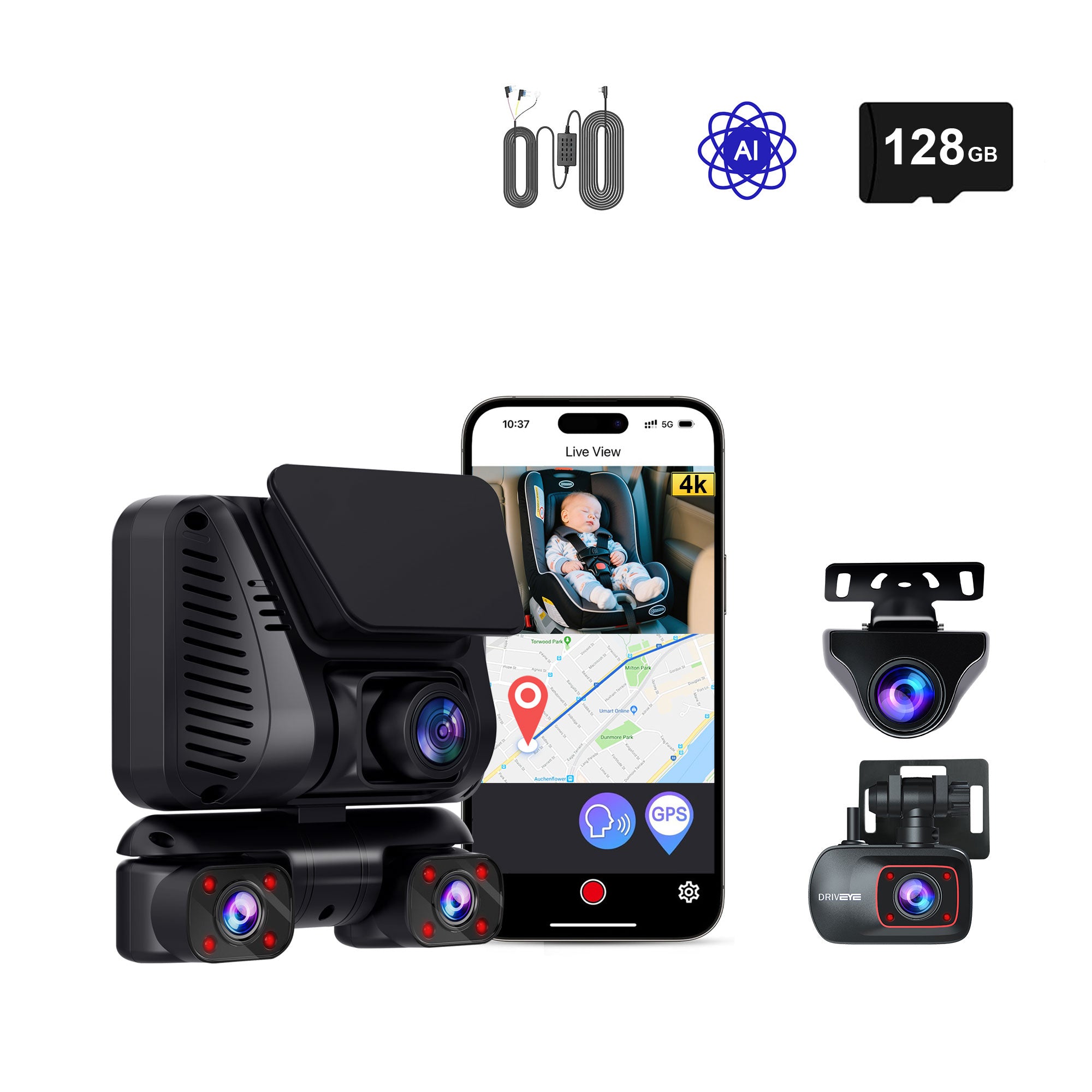 DRIVEYE D9 PRO 5-Channel Dash Cam with Baby Car Seat Monitor and Upgraded ADAS