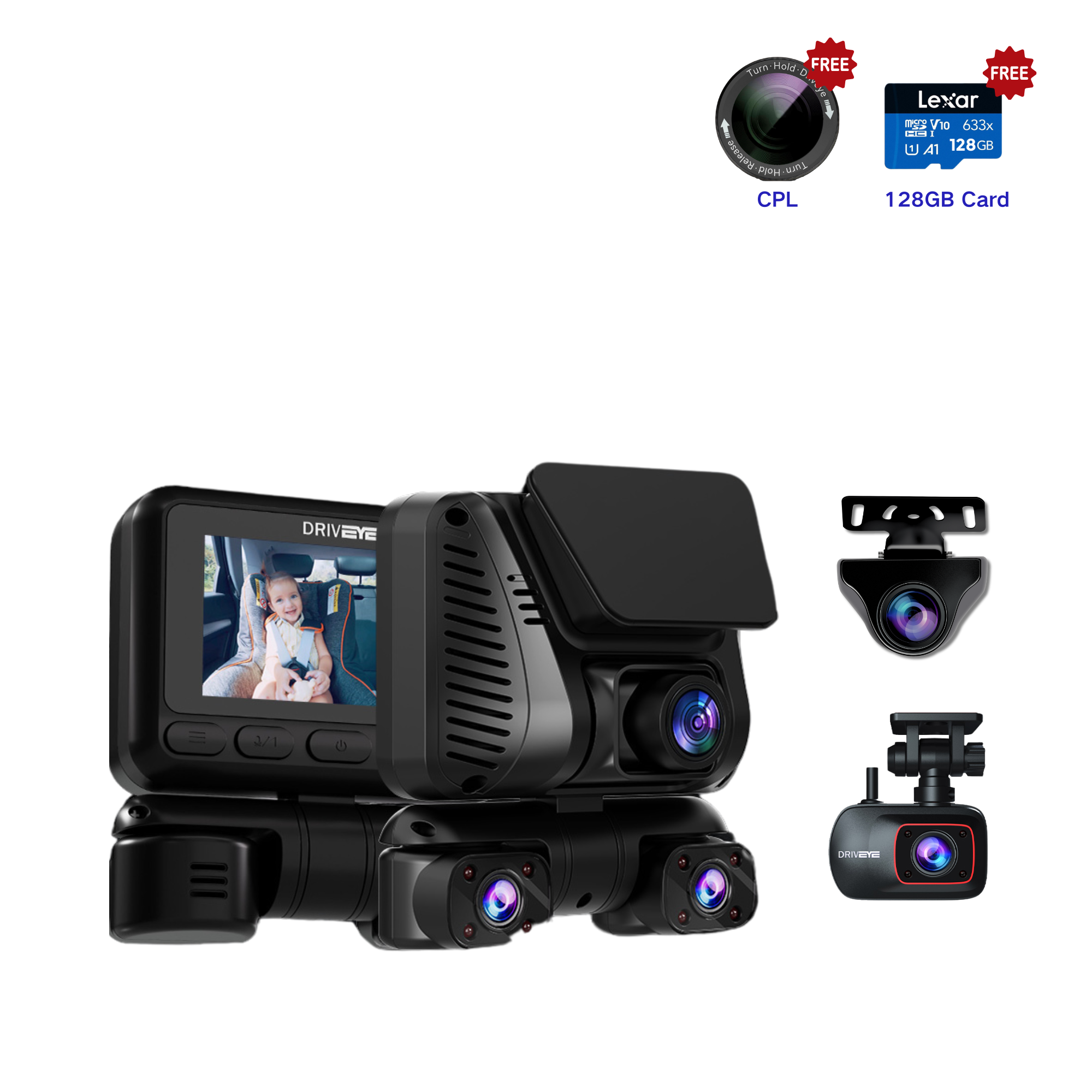 DRIVEYE D9 5-Channel Dash Cam with Baby Car Monitor