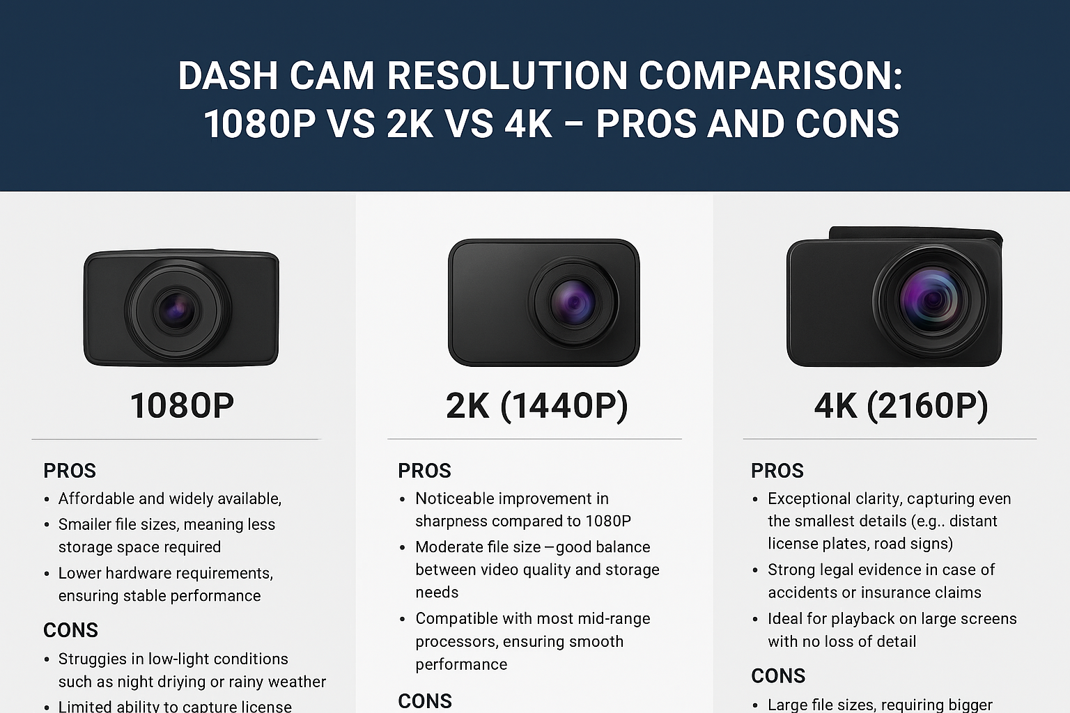 Dash Cam Resolution Comparison: 1080P vs 2K vs 4K – Pros and Cons