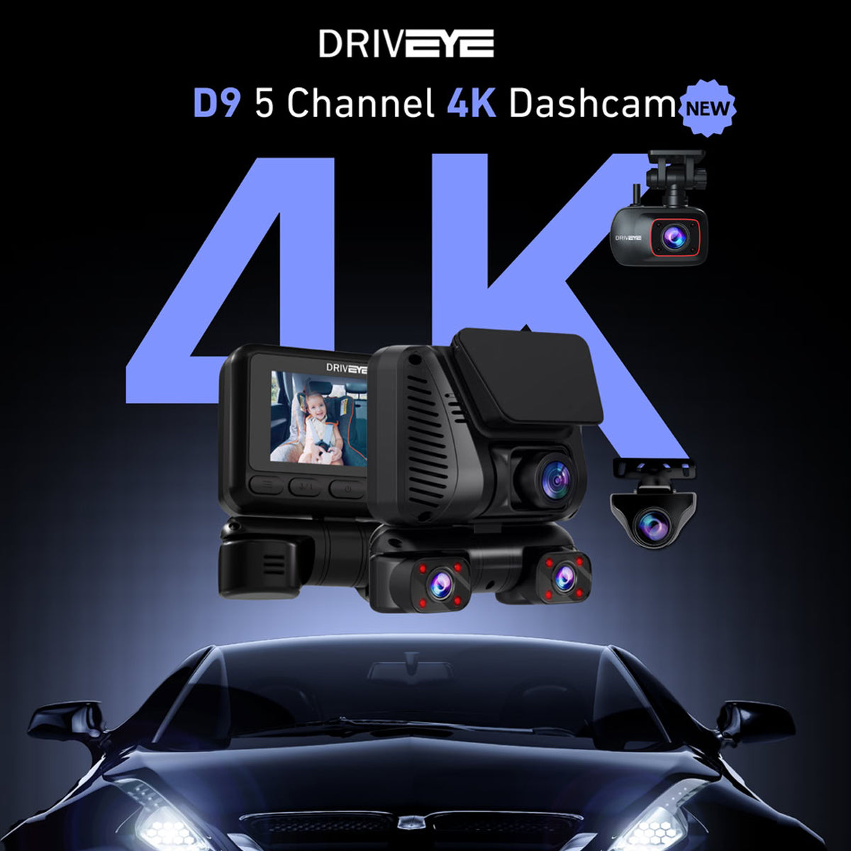 DRIVEYE D9 5-Channel Dash Cam with Baby Car Monitor