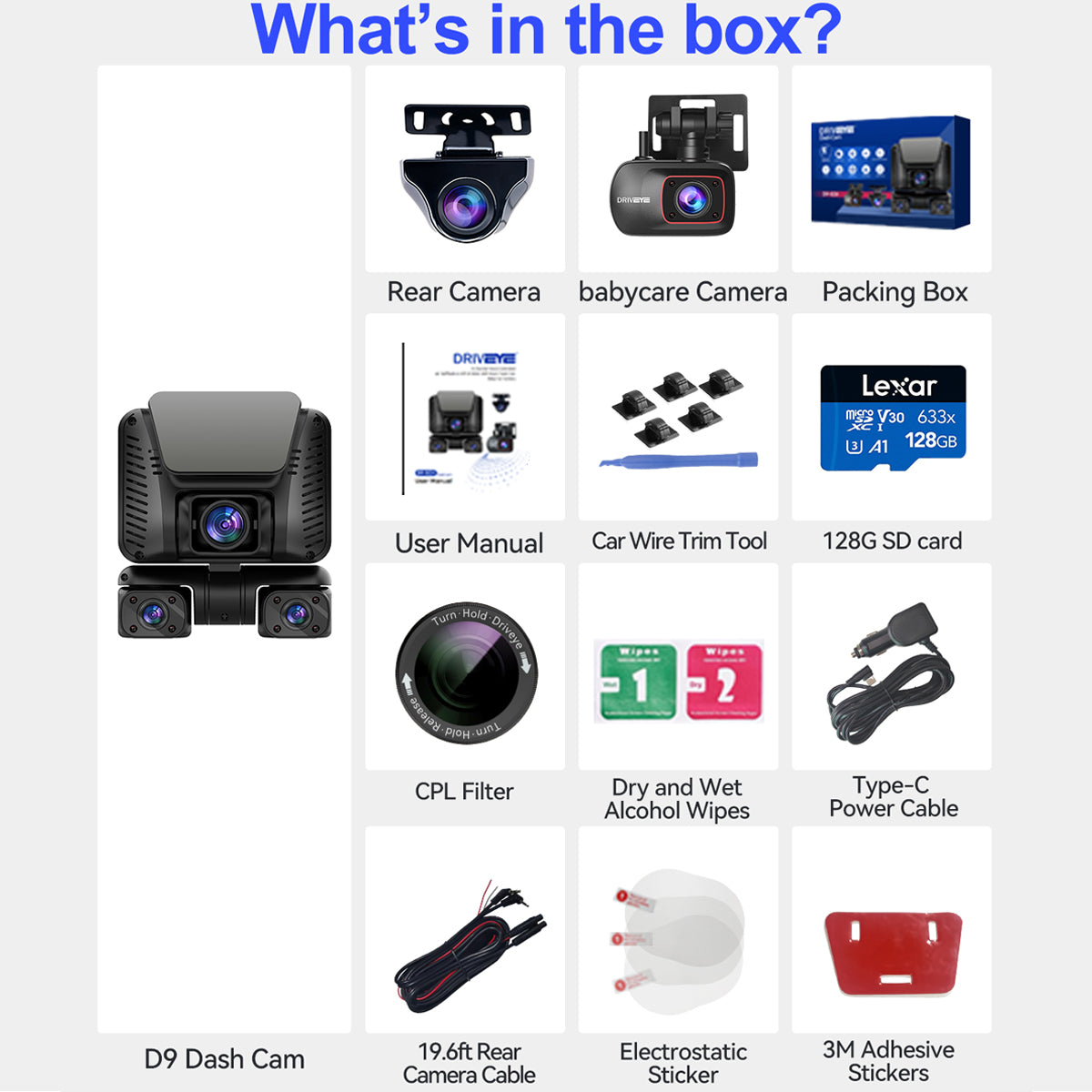 DRIVEYE D9 5-Channel Dash Cam with Baby Car Monitor