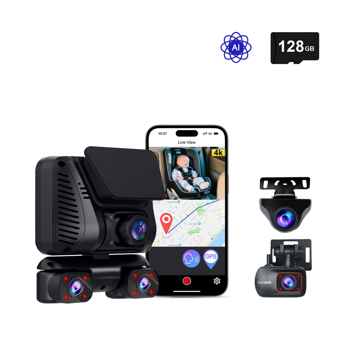 DRIVEYE D9 PRO 5-Channel Dash Cam with Baby Car Seat Monitor and Upgra