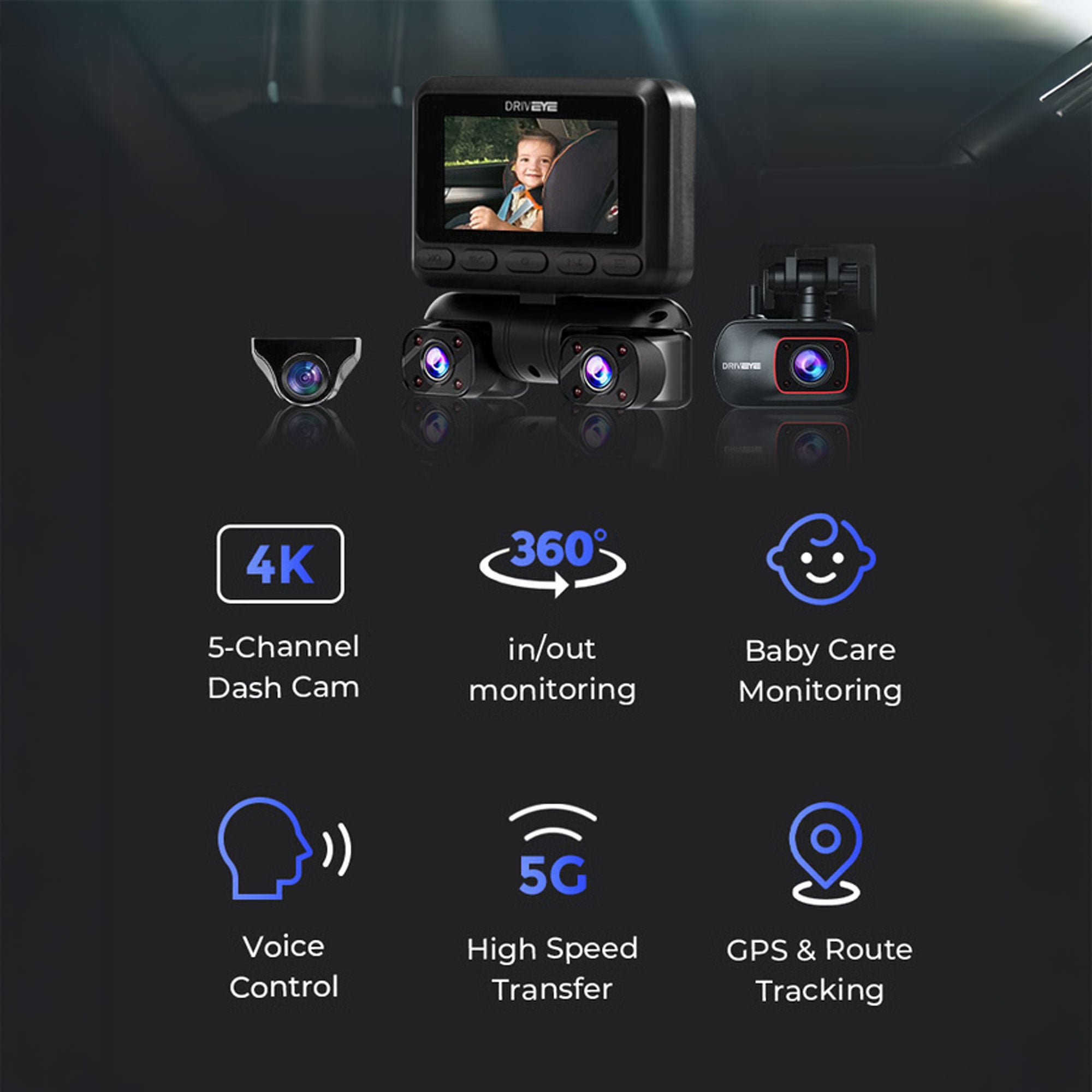 DRIVEYE D9 5-Channel Dash Cam with Baby Car Seat Monitor