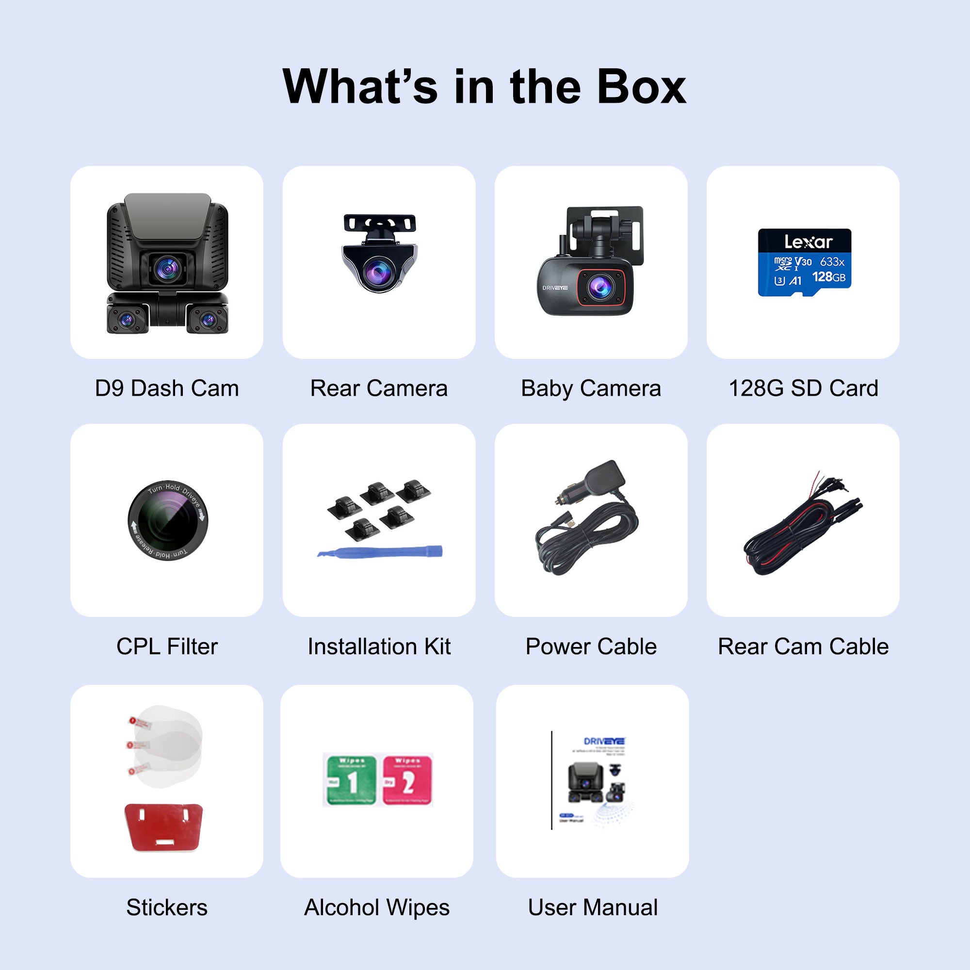 DRIVEYE D9 5-Channel Dash Cam with Baby Car Seat Monitor